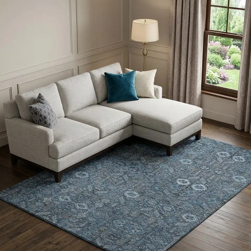 Blue And Ivory Tribal Washable Area Rug With UV Protection Photo 1