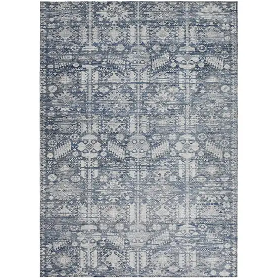 Blue And Ivory Tribal Washable Indoor Outdoor Area Rug Photo 3