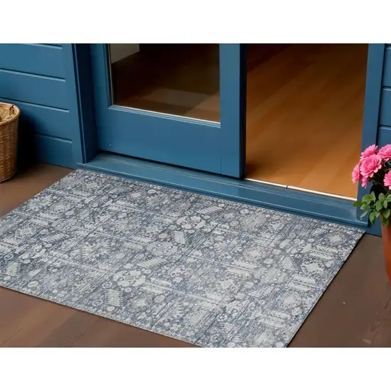 Blue And Ivory Tribal Washable Indoor Outdoor Area Rug Photo 2