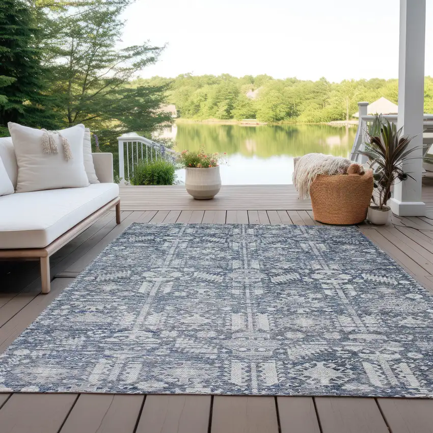 Blue And Ivory Tribal Washable Indoor Outdoor Area Rug Photo 5