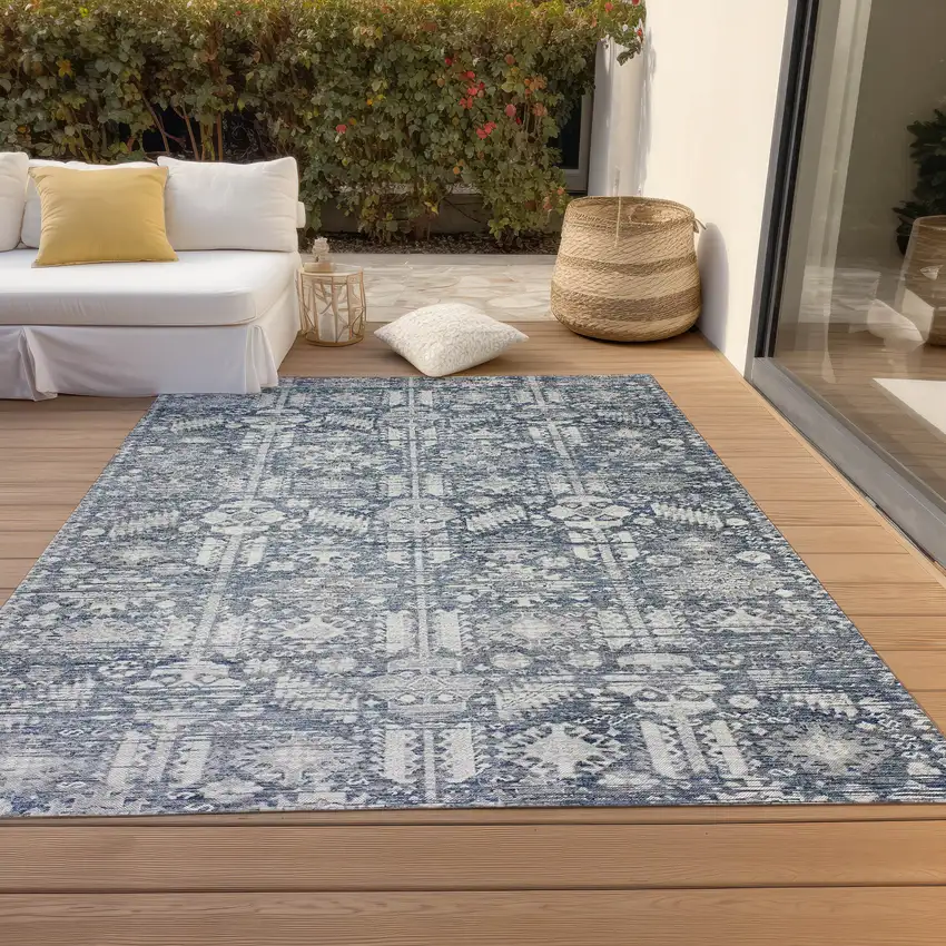 Blue And Ivory Tribal Washable Indoor Outdoor Area Rug Photo 8