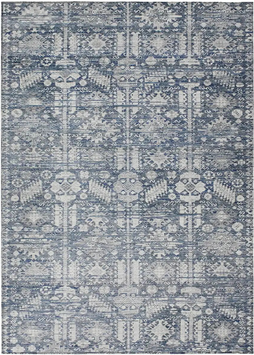 Blue And Ivory Tribal Washable Indoor Outdoor Area Rug Photo 1
