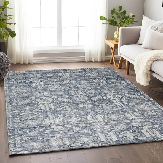 Blue And Ivory Tribal Washable Indoor Outdoor Area Rug Photo 6