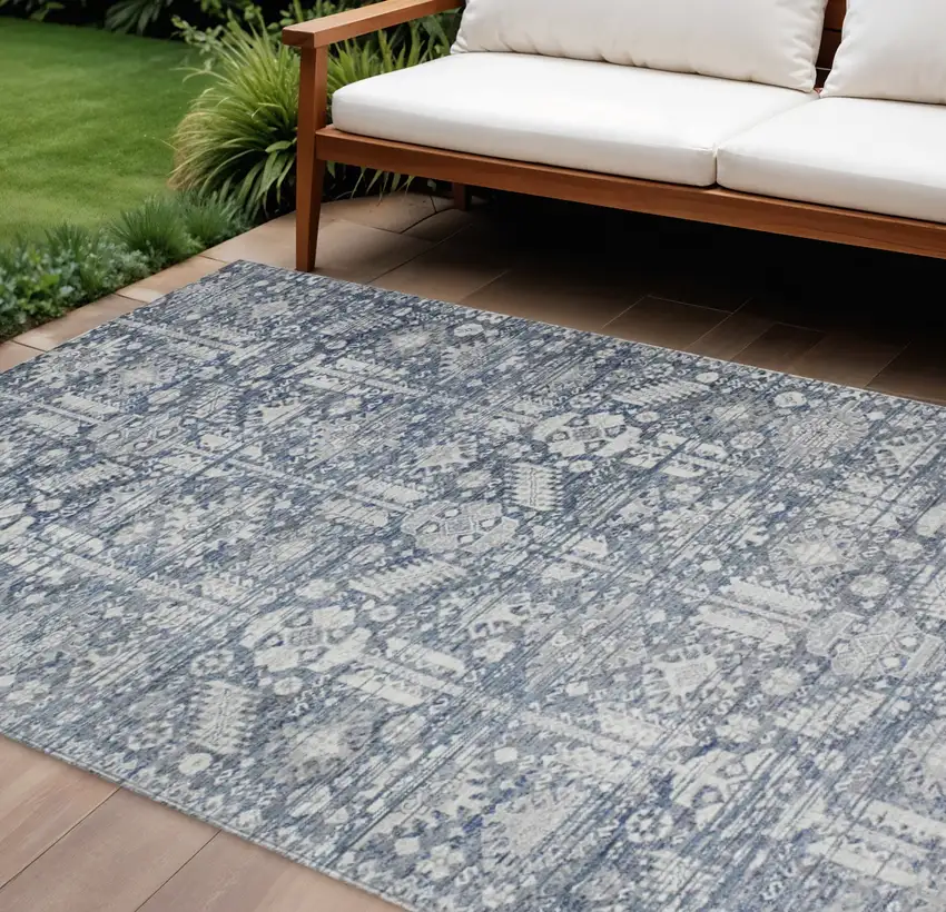 Blue And Ivory Tribal Washable Indoor Outdoor Area Rug Photo 2