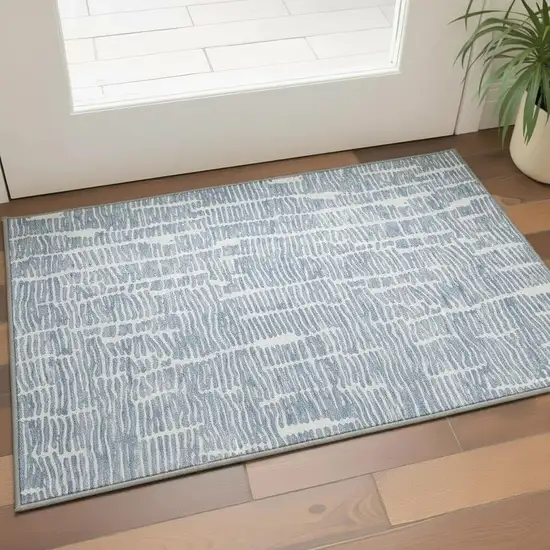 Blue And Ivory Vermicular Washable Area Rug With UV Protection Photo 2