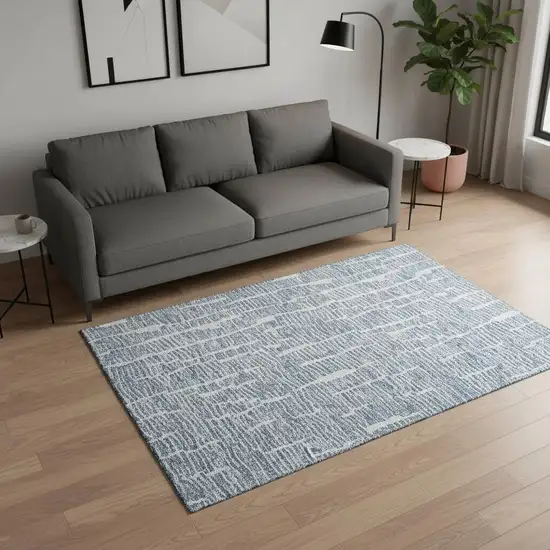 Blue And Ivory Vermicular Washable Area Rug With UV Protection Photo 2