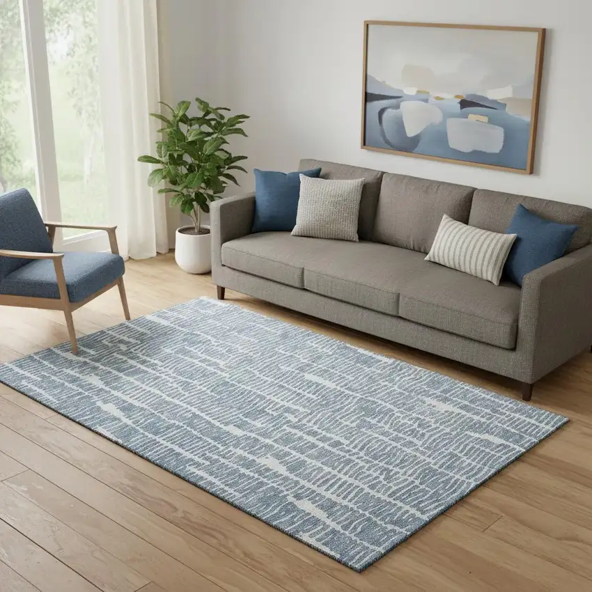 Blue And Ivory Vermicular Washable Area Rug With UV Protection Photo 1