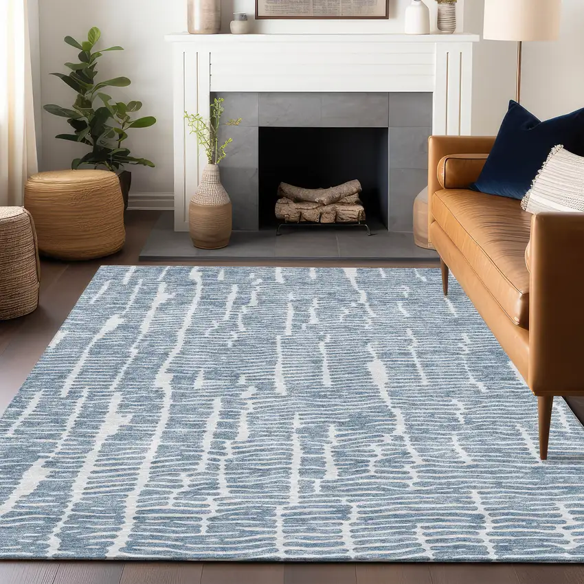 Blue And Ivory Vermicular Washable Area Rug With UV Protection Photo 6