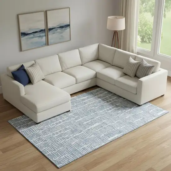 Blue And Ivory Vermicular Washable Area Rug With UV Protection Photo 1