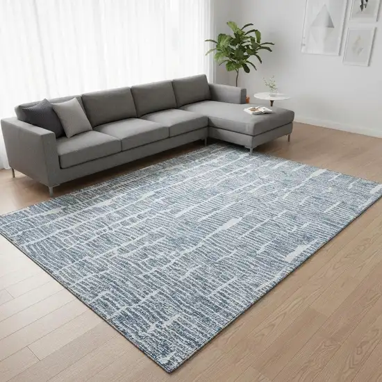 Blue And Ivory Vermicular Washable Area Rug With UV Protection Photo 2