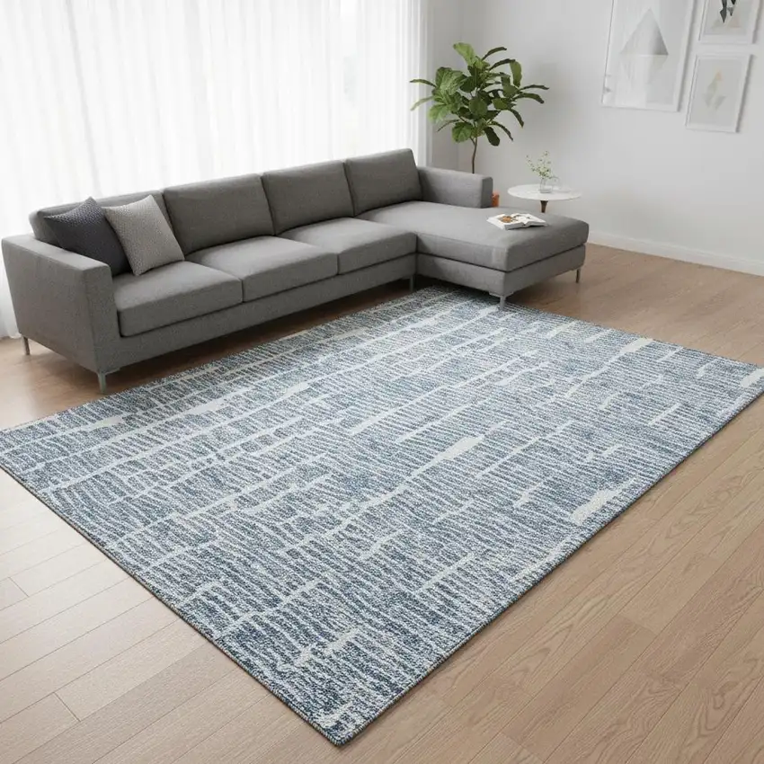 Blue And Ivory Vermicular Washable Area Rug With UV Protection Photo 2