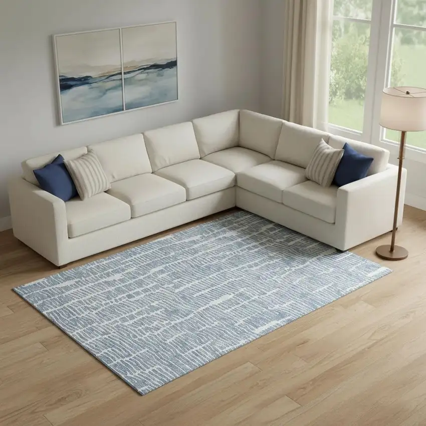 Blue And Ivory Vermicular Washable Area Rug With UV Protection Photo 1