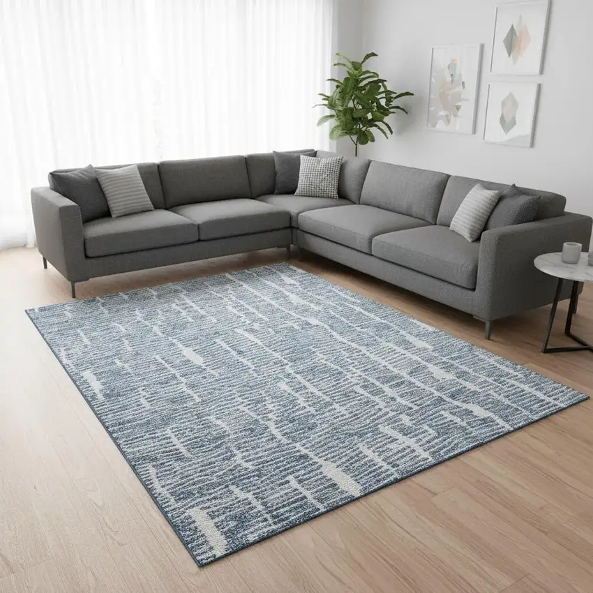 Blue And Ivory Vermicular Washable Area Rug With UV Protection Photo 2