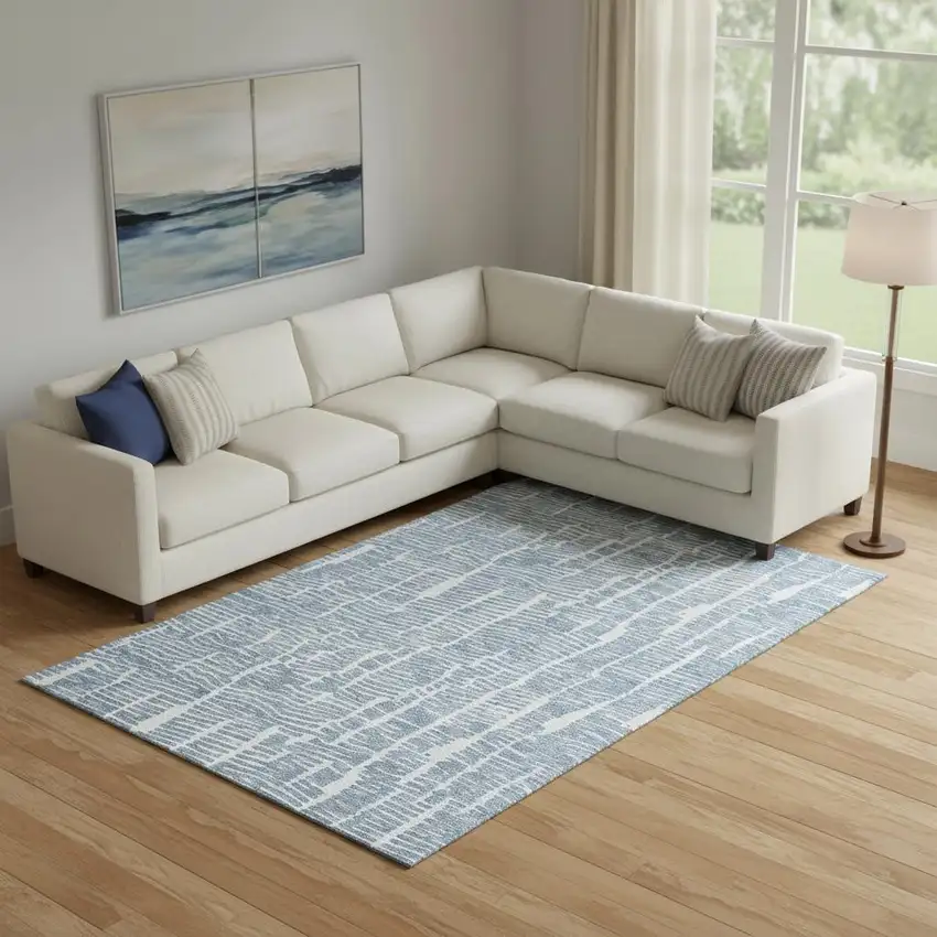 Blue And Ivory Vermicular Washable Area Rug With UV Protection Photo 1