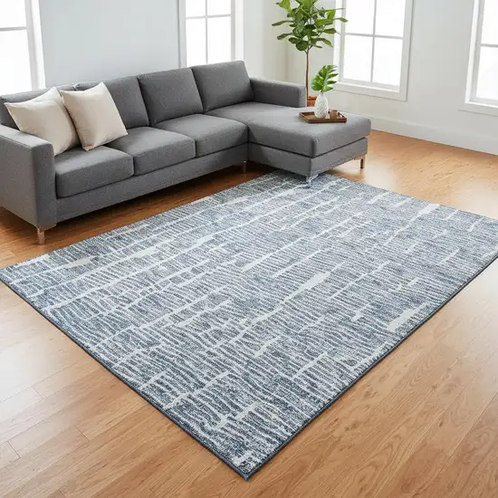 Blue And Ivory Vermicular Washable Area Rug With UV Protection Photo 2