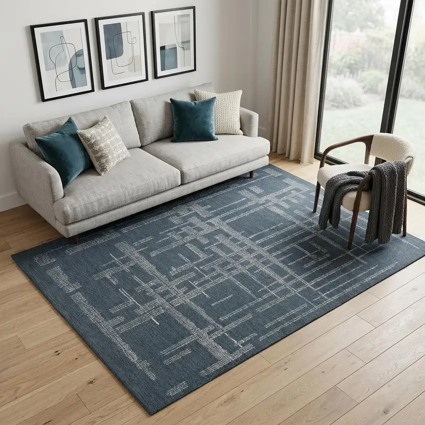 Blue And Ivory Wool Abstract Hand Tufted Area Rug Photo 1