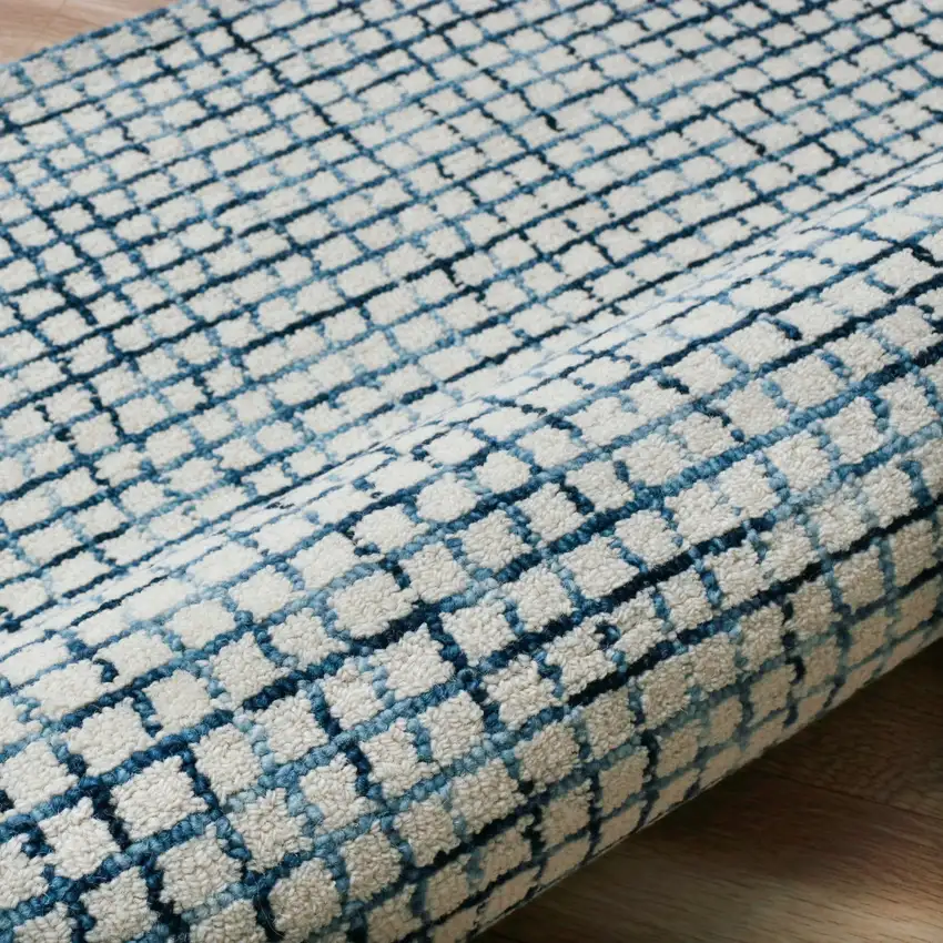Blue And Ivory Wool Checkered Hand Tufted Square Rug Photo 7