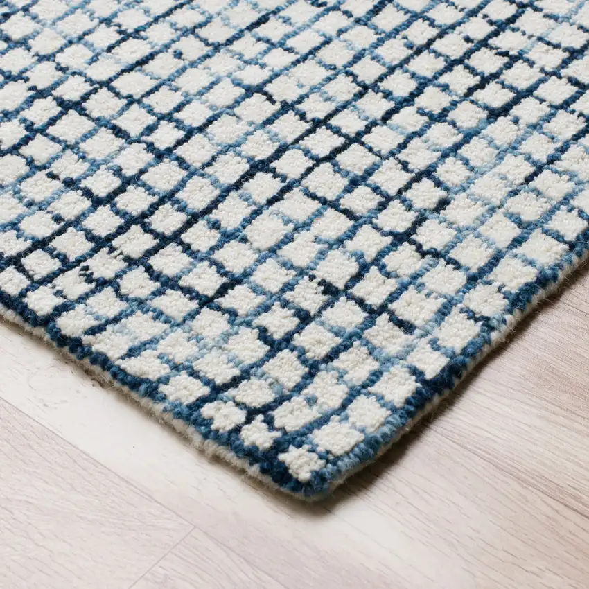Blue And Ivory Wool Checkered Hand Tufted Square Rug Photo 8