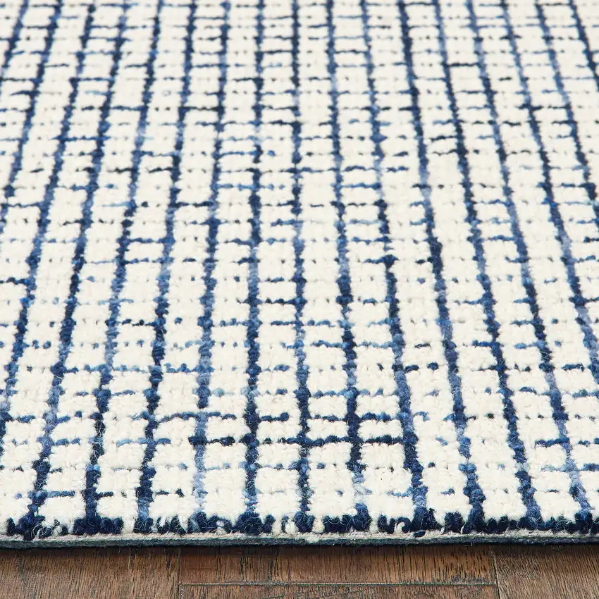 Blue And Ivory Wool Checkered Hand Tufted Square Rug Photo 6