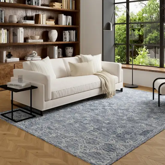 Blue And Ivory Wool Floral Hand Tufted Area Rug Photo 6
