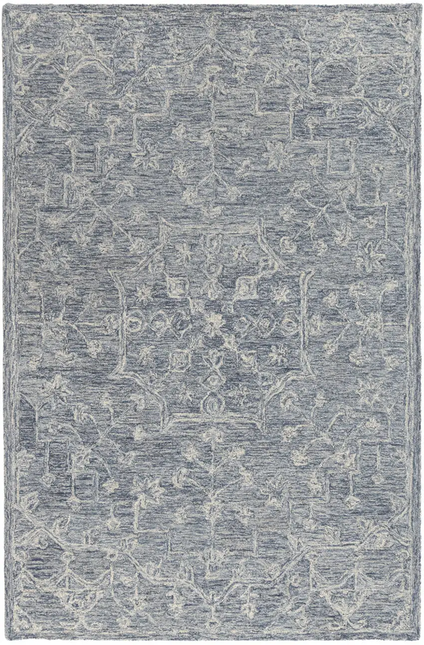 Blue And Ivory Wool Floral Hand Tufted Area Rug Photo 5