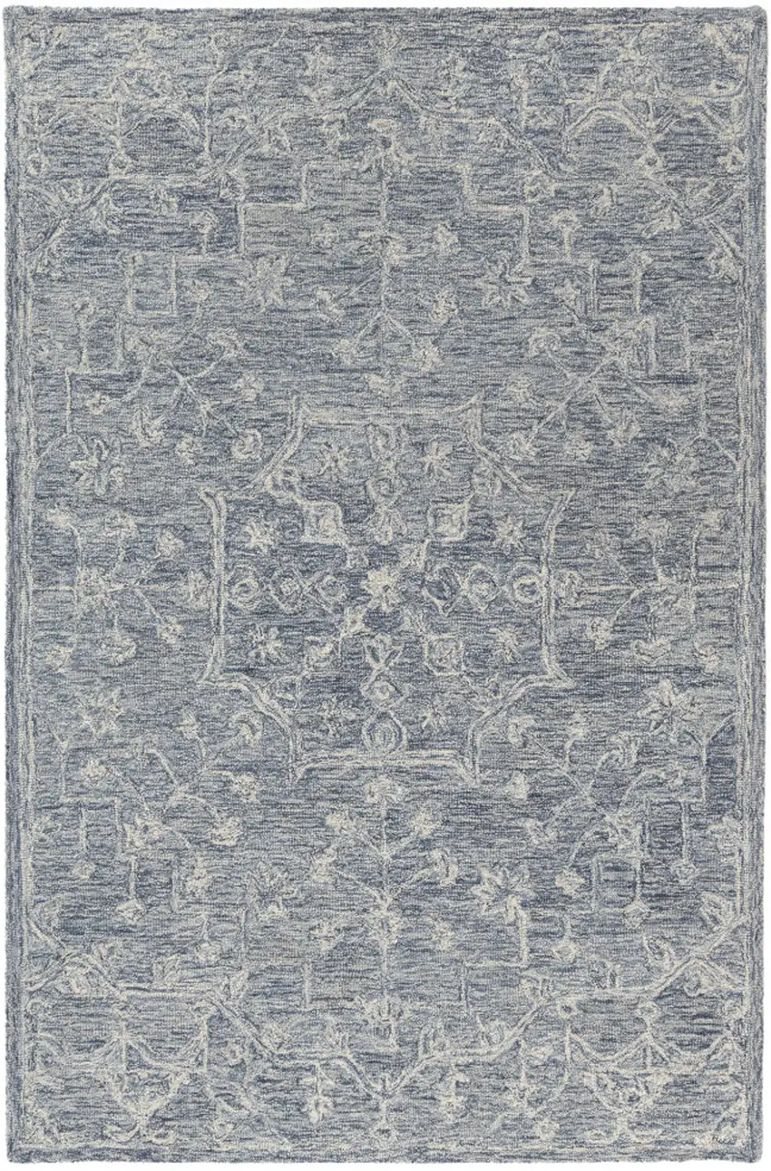 Blue And Ivory Wool Floral Hand Tufted Area Rug Photo 2