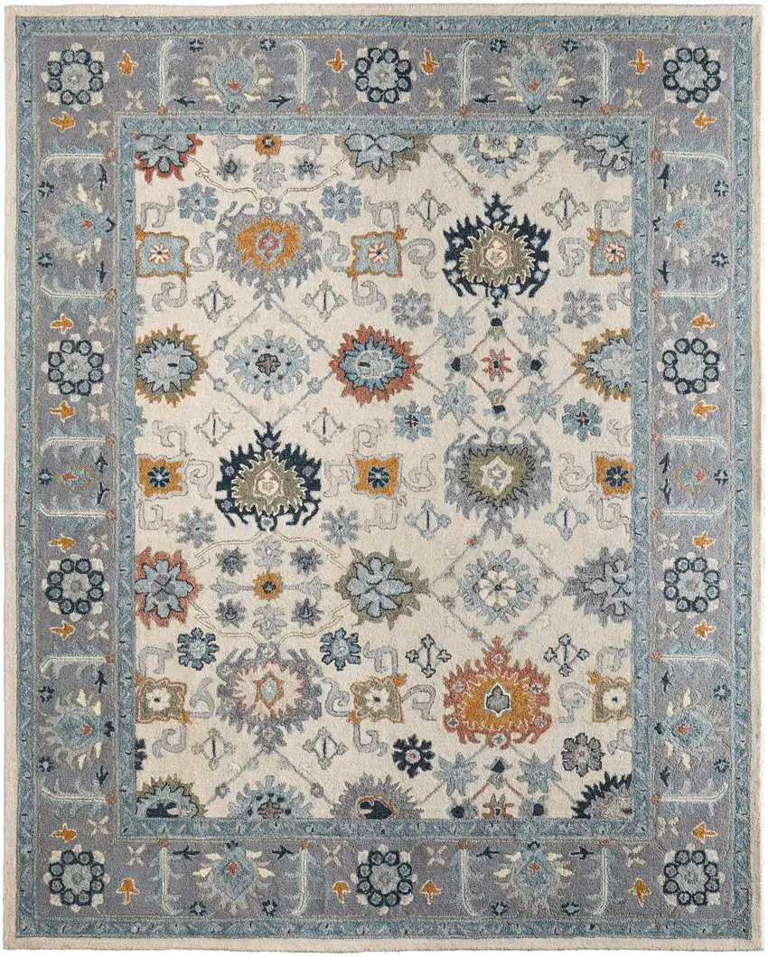Blue And Ivory Wool Floral Hand Tufted Area Rug Photo 3