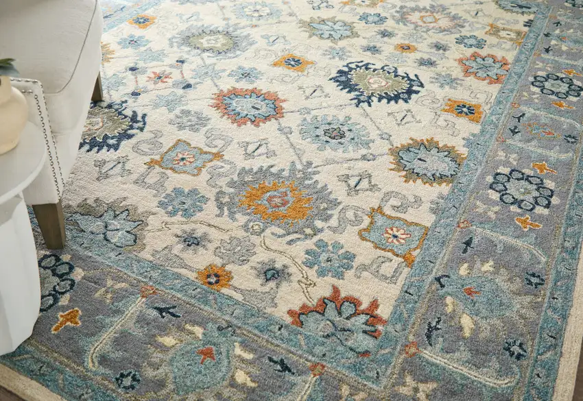 Blue And Ivory Wool Floral Hand Tufted Area Rug Photo 5