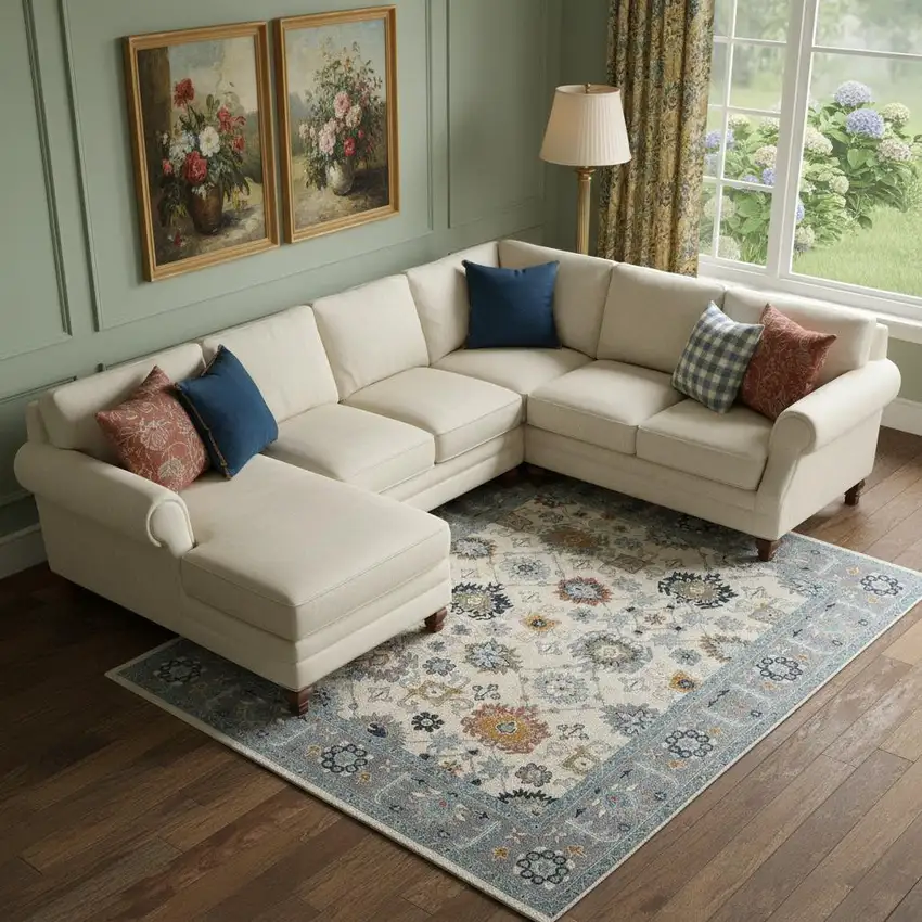 Blue And Ivory Wool Floral Hand Tufted Area Rug Photo 1
