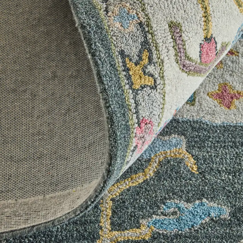 Blue And Ivory Wool Floral Hand Tufted Area Rug Photo 9