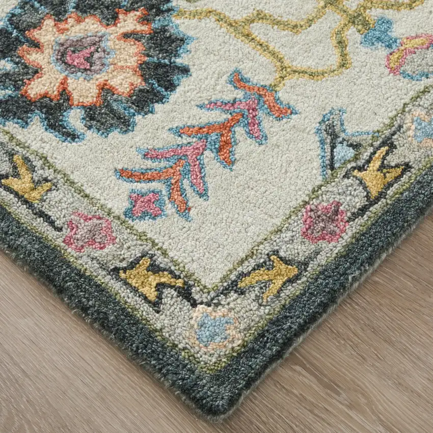 Blue And Ivory Wool Floral Hand Tufted Area Rug Photo 8