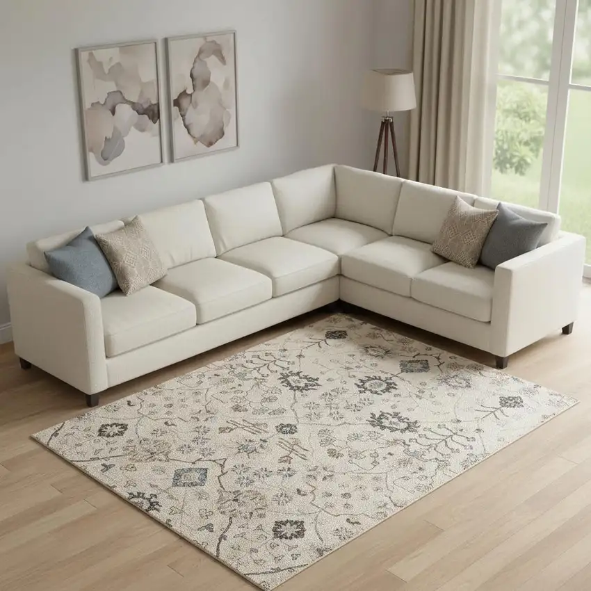 Blue And Ivory Wool Floral Hand Tufted Area Rug Photo 1