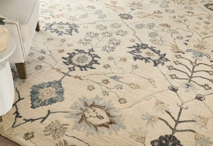 Blue And Ivory Wool Floral Hand Tufted Area Rug Photo 5