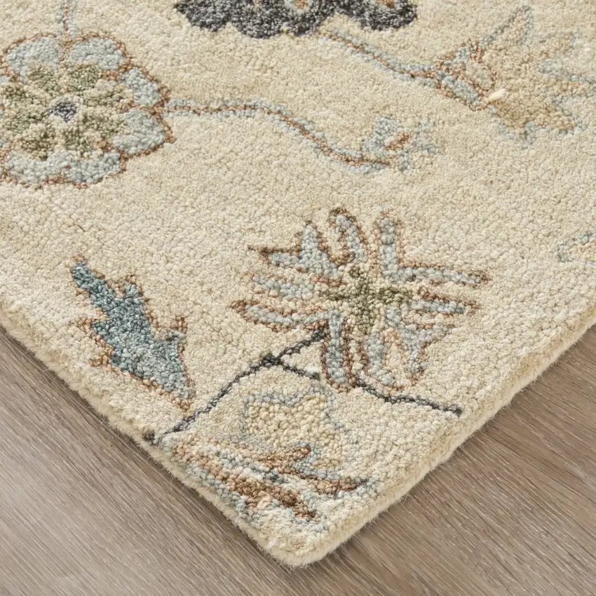 Blue And Ivory Wool Floral Hand Tufted Area Rug Photo 6