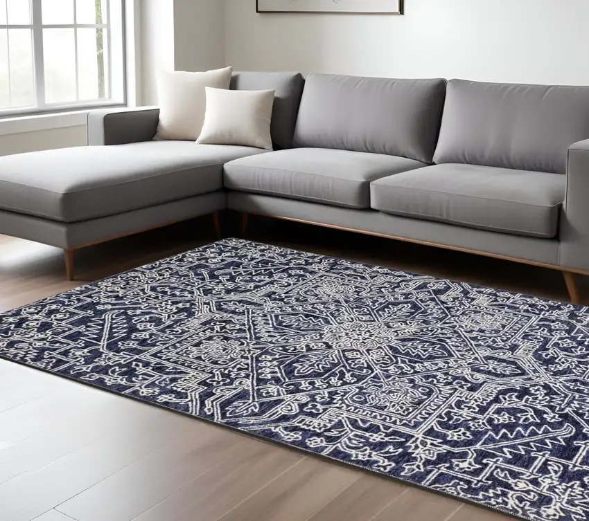 Blue and Ivory Wool Floral Hand Tufted Area Rug Photo 1