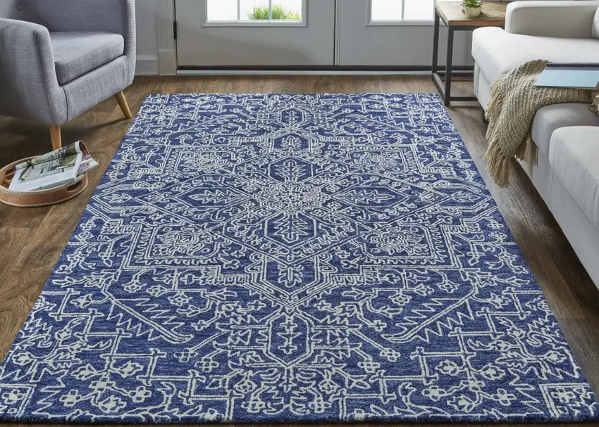 Blue And Ivory Wool Floral Tufted Handmade Stain Resistant Area Rug Photo 3