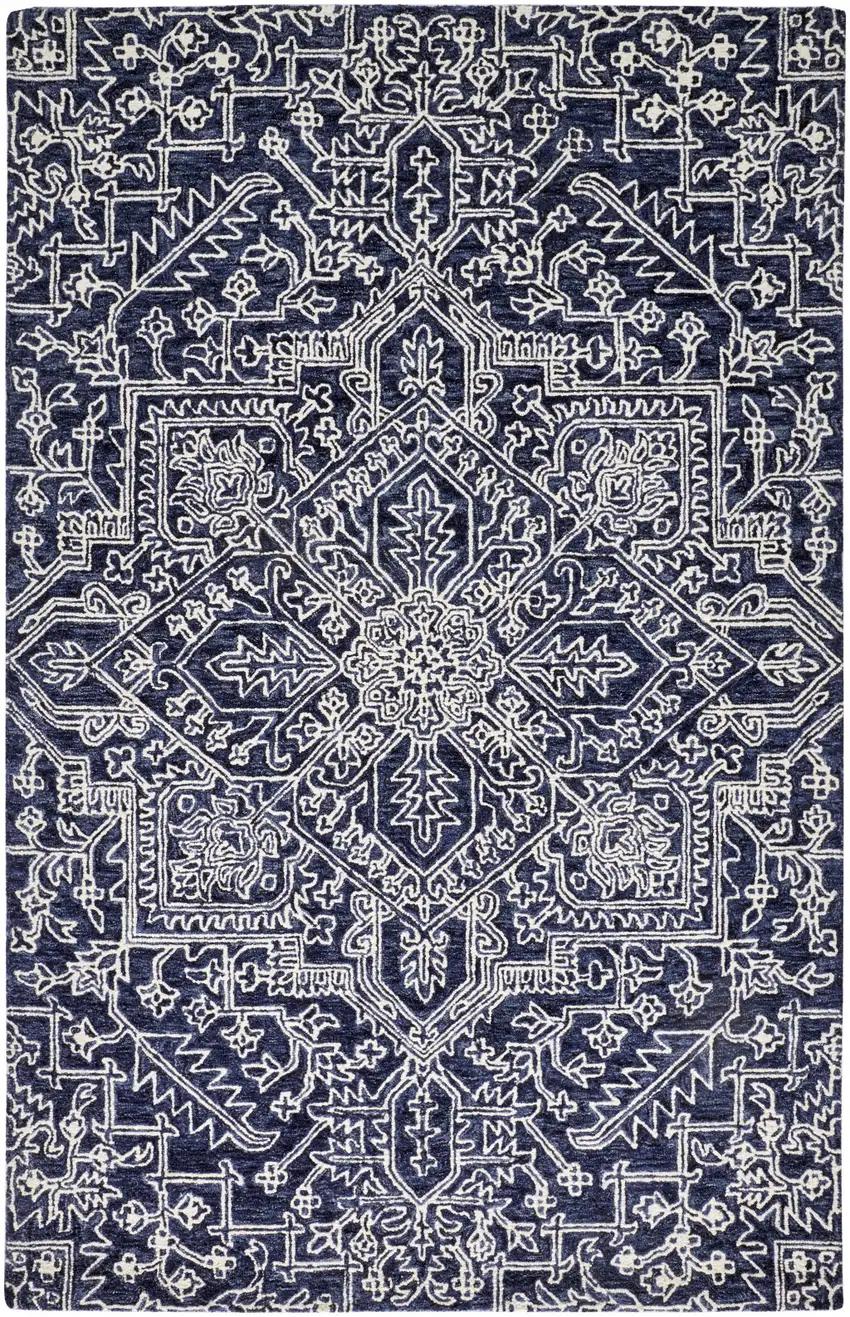 Blue And Ivory Wool Floral Tufted Handmade Stain Resistant Area Rug Photo 1
