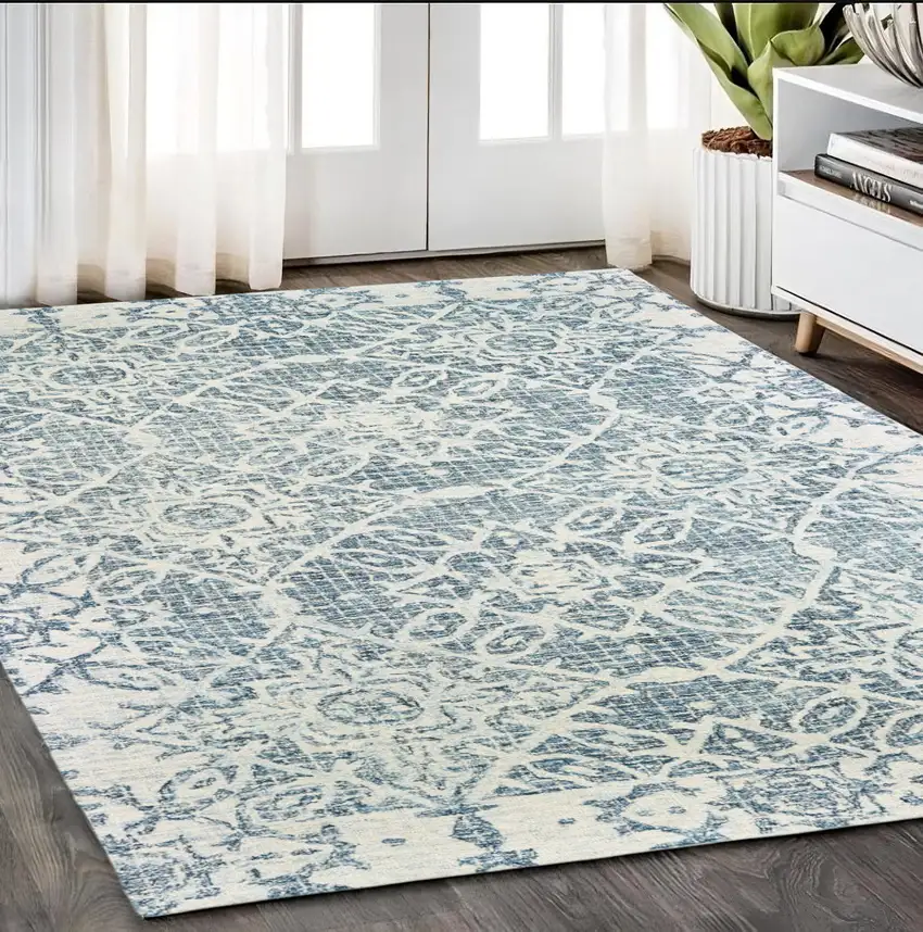 Blue And Ivory Wool Geometric Hand Tufted Area Rug Photo 1