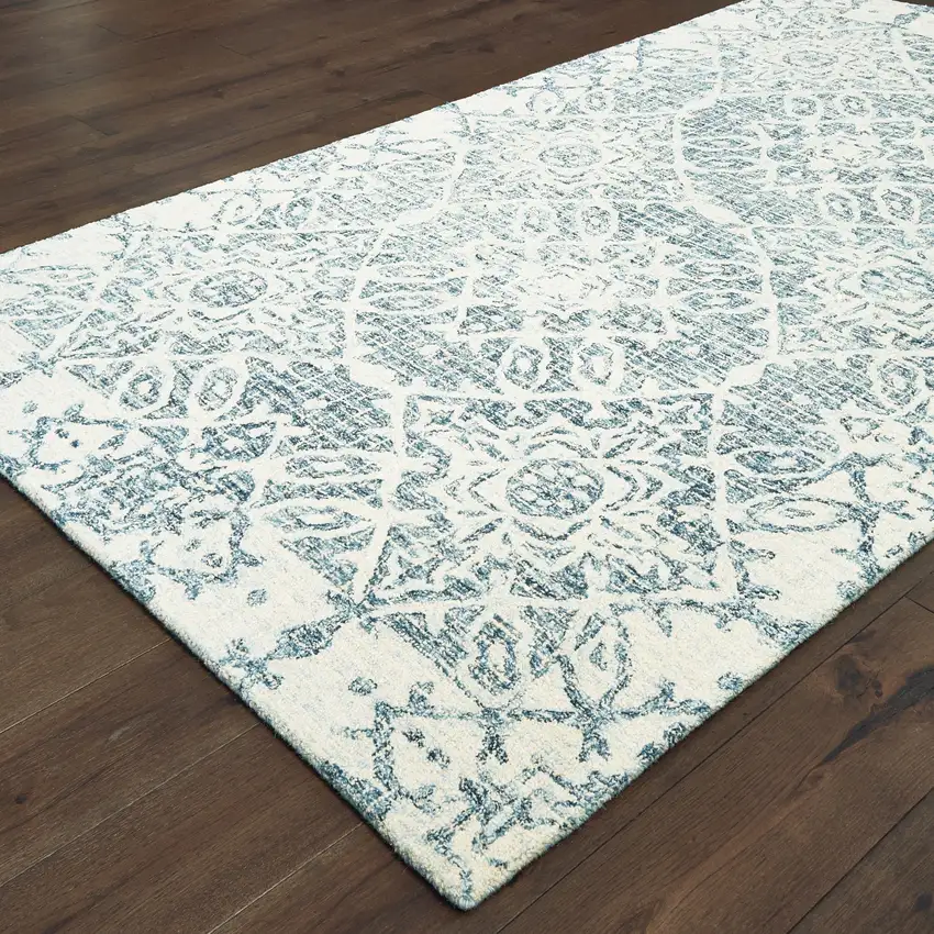 Blue And Ivory Wool Geometric Hand Tufted Area Rug Photo 8