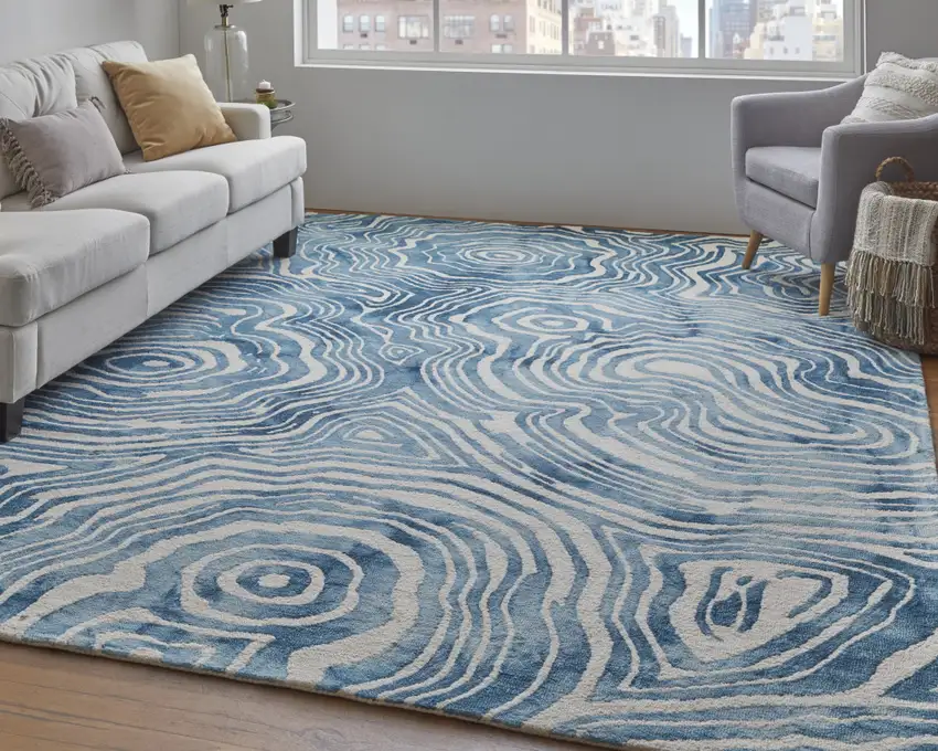 Blue And Ivory Wool Geometric Tufted Handmade Area Rug Photo 7