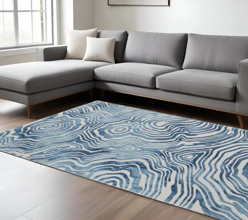 Blue and Ivory Wool Geometric Hand Tufted Non Skid Area Rug Photo 1