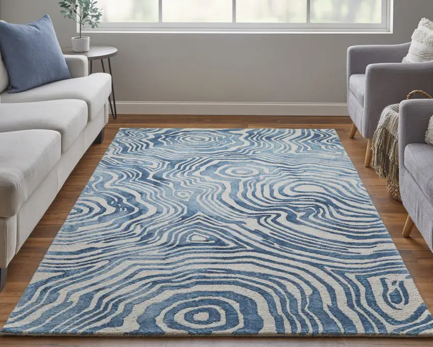 Blue And Ivory Wool Geometric Tufted Handmade Area Rug Photo 8