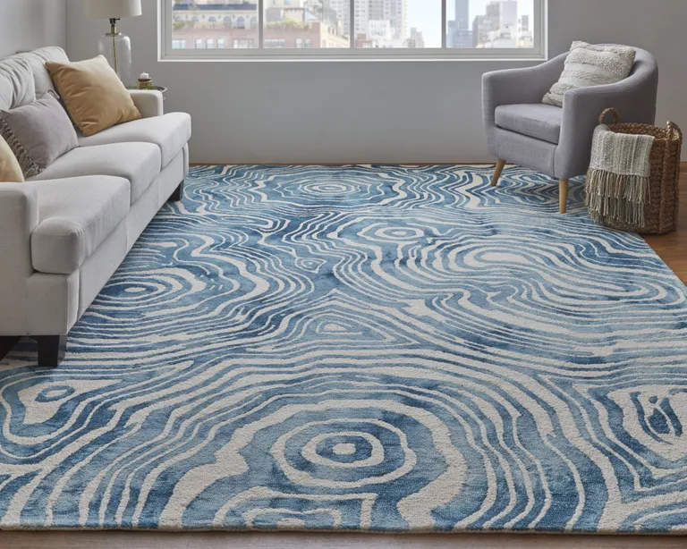Blue And Ivory Wool Geometric Tufted Handmade Area Rug Photo 5
