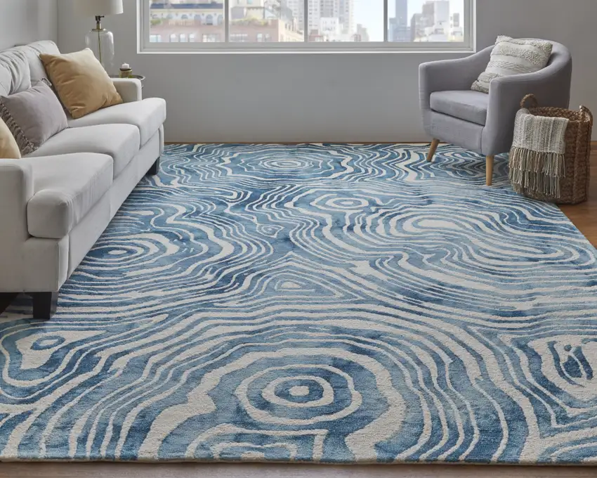 Blue And Ivory Wool Geometric Tufted Handmade Area Rug Photo 6