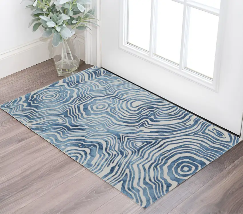 Blue And Ivory Wool Geometric Tufted Handmade Area Rug Photo 1