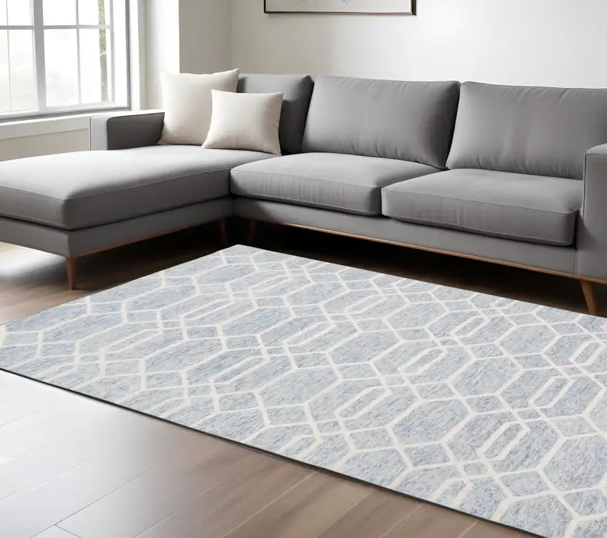 Blue and Ivory Wool Geometric Hand Tufted Area Rug Photo 1