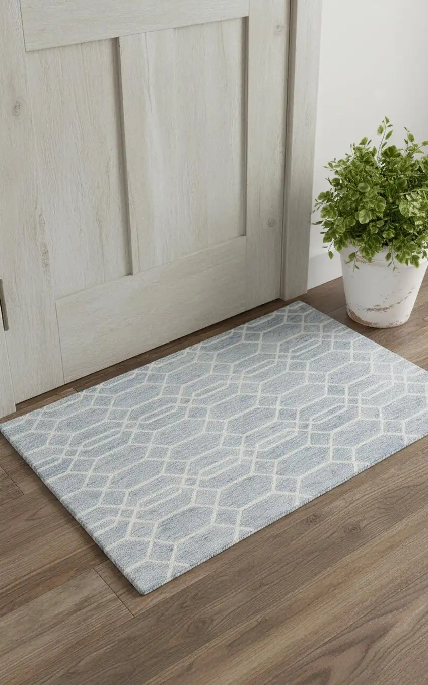 Blue And Ivory Wool Geometric Tufted Handmade Stain Resistant Area Rug Photo 1