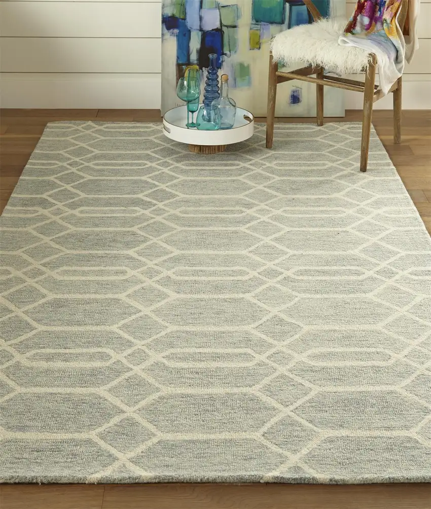 Blue And Ivory Wool Geometric Tufted Handmade Stain Resistant Area Rug Photo 8