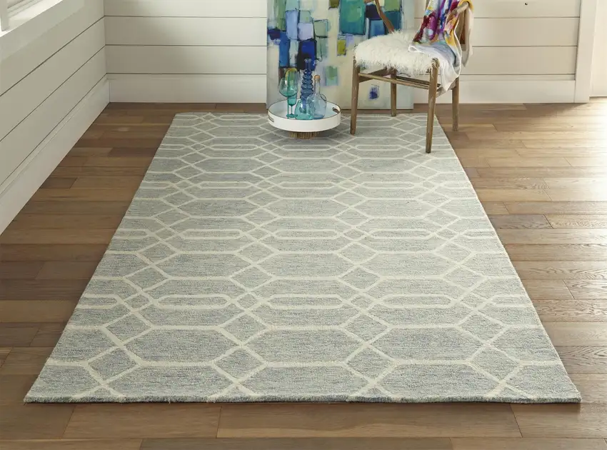 Blue And Ivory Wool Geometric Tufted Handmade Stain Resistant Area Rug Photo 7