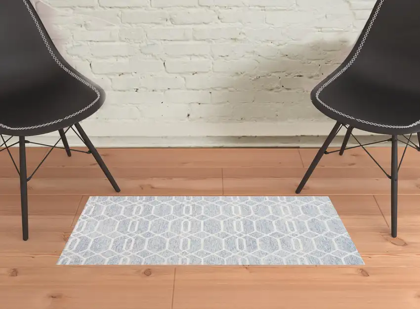Blue And Ivory Wool Geometric Tufted Handmade Stain Resistant Area Rug Photo 2